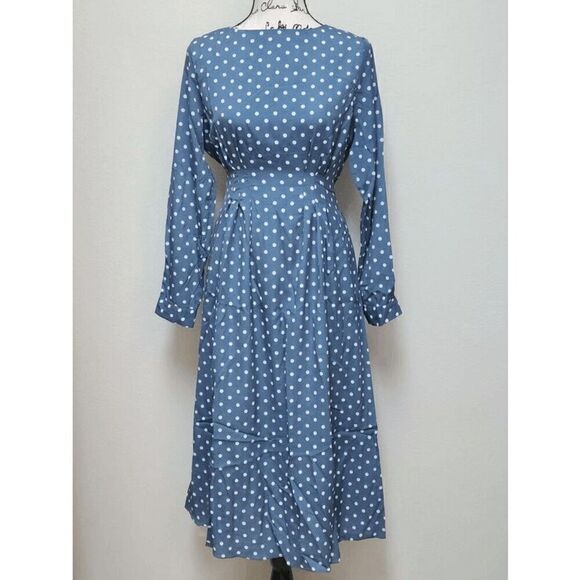 💙 NWT Modest Retro Vintage Polka Dot Long Sleeve Blue Midi Dress SIZE L - Picture 10 of 16